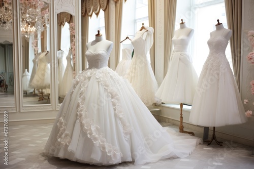 Graceful, Hanging White Wedding Dresses In Bridal Boutique