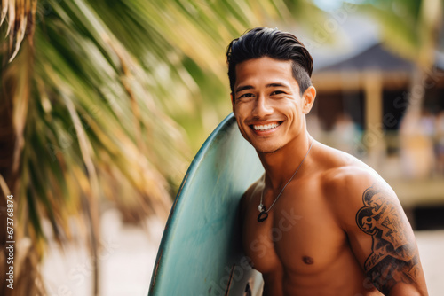Filipino male surfer on the beach with surfboard in hand. Handsome male surfer smiling at camera, ready to go surfing. Summer at the beach, surfing