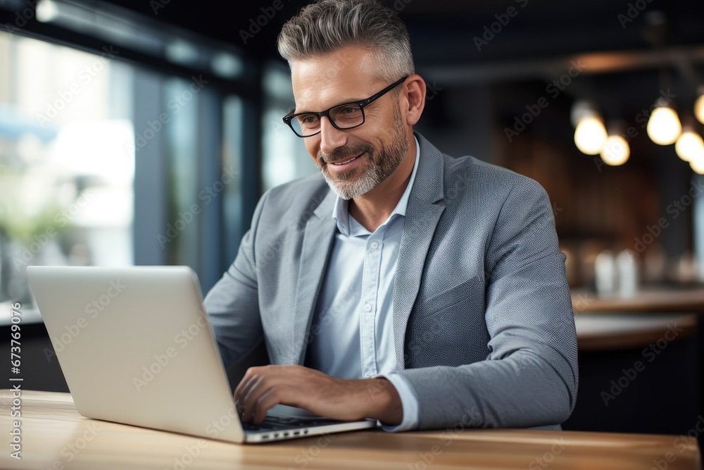 Happy Businessman Working In Front Of Laptop Happy Businessman Working In Front Of Laptop