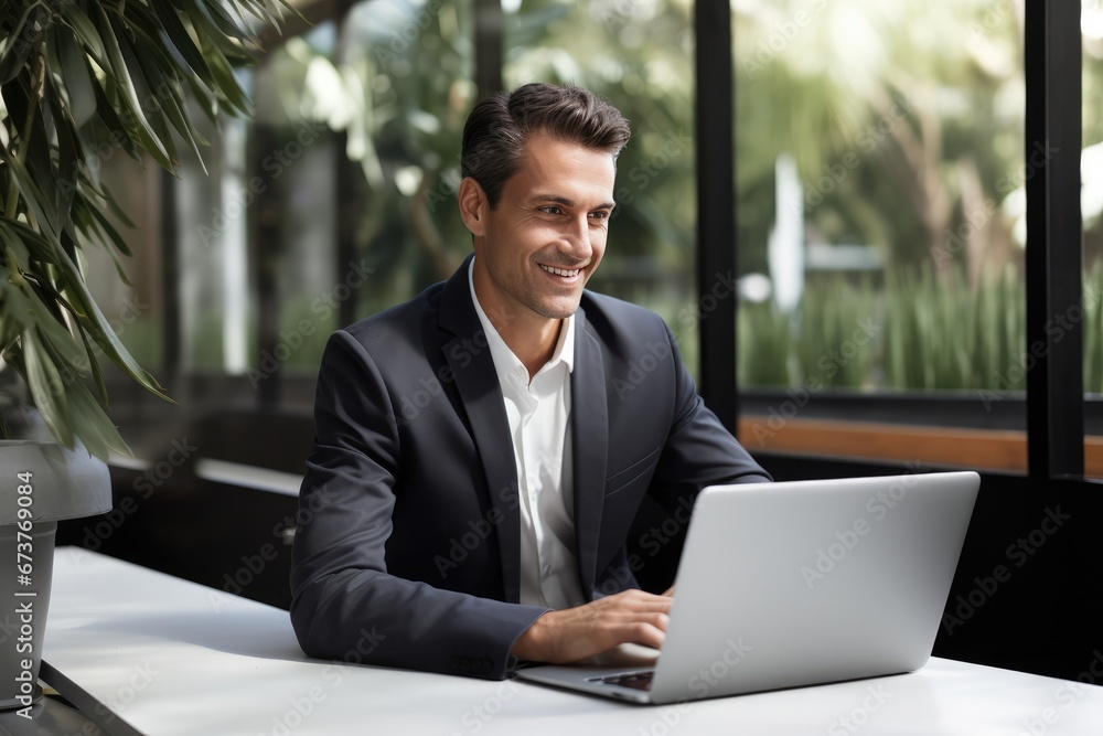 Happy Businessman Working In Front Of Laptop Happy Businessman Working In Front Of Laptop