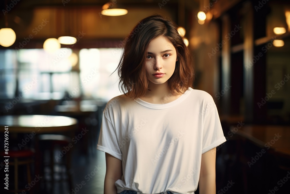 Hipster Girl Wearing Blank White Tshirt And Jeans At Cafe Hipster Girl Wearing Blank White Tshirt And Jeans At Cafe