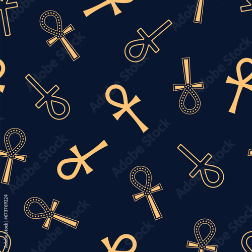 Egyptian ankh cross blue and gold vector seamless 