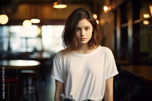 Hipster Girl Wearing Blank White Tshirt And Jeans At Cafe