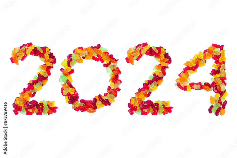 Calendar header number 2024 made from multi-colored jelly beans on a white background. Happy New Year 2024 colorful background.