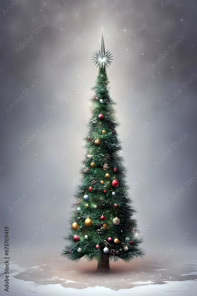 thin, tall, decorated christmas tree in the snow