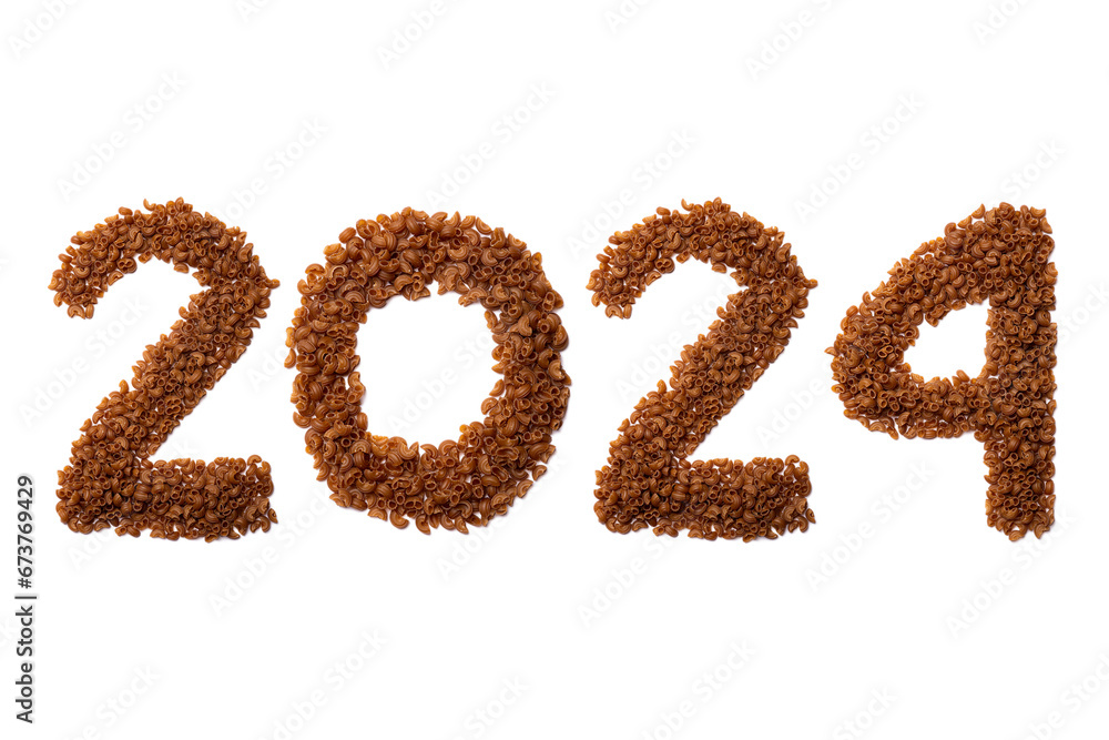 Calendar header number 2024 made of brown pasta on a white background. Happy New Year 2024 colorful background. Calendar header number 2024 made of brown pasta on a white background. Happy New Year 2024 colorful background.