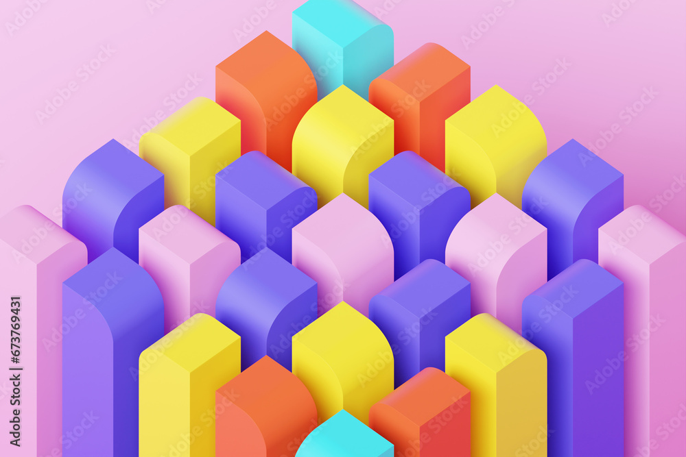 3d illustration of colorful set of cubes on monocrome background, pattern. Geometry  background