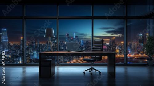 Office room blank computer display table chair glass walls with night city view. generative ai