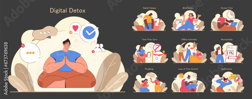 Digital detox dark or night mode set. Characters practicing mindfulness, reducing screen time, and enjoying tech-free zones. Disconnected or turned off gadget. Flat vector illustration
