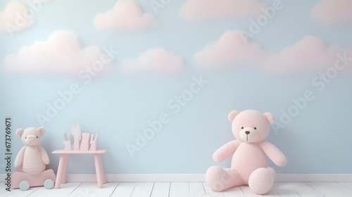 Pastel baby background in soft light blue and pink colors with teddy bear cloud toy. generative ai photo