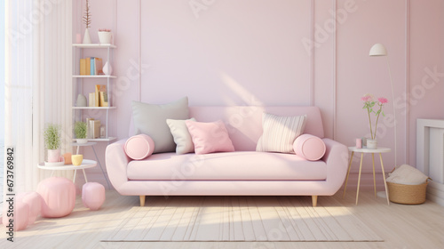 Pastel girly room with simple sofa with decorative pillows. generative ai