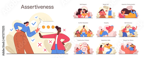 Fototapeta Naklejka Na Ścianę i Meble -  Assertiveness set. Characters display self-respect, conflict resolution, and empathy in interactions. Effective communication skills and respect in various scenarios. Flat vector illustration