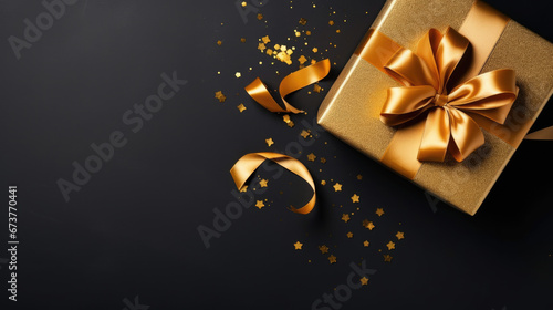 Top view photo of black gift boxes with black ribbon bow tag and golden confetti on isolated black background with copy space