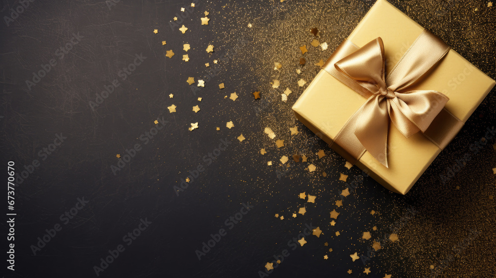 Top view photo of black gift boxes with black ribbon bow tag and golden confetti on isolated black background with copy space Top view photo of black gift boxes with black ribbon bow tag and golden confetti on isolated black background with copy space