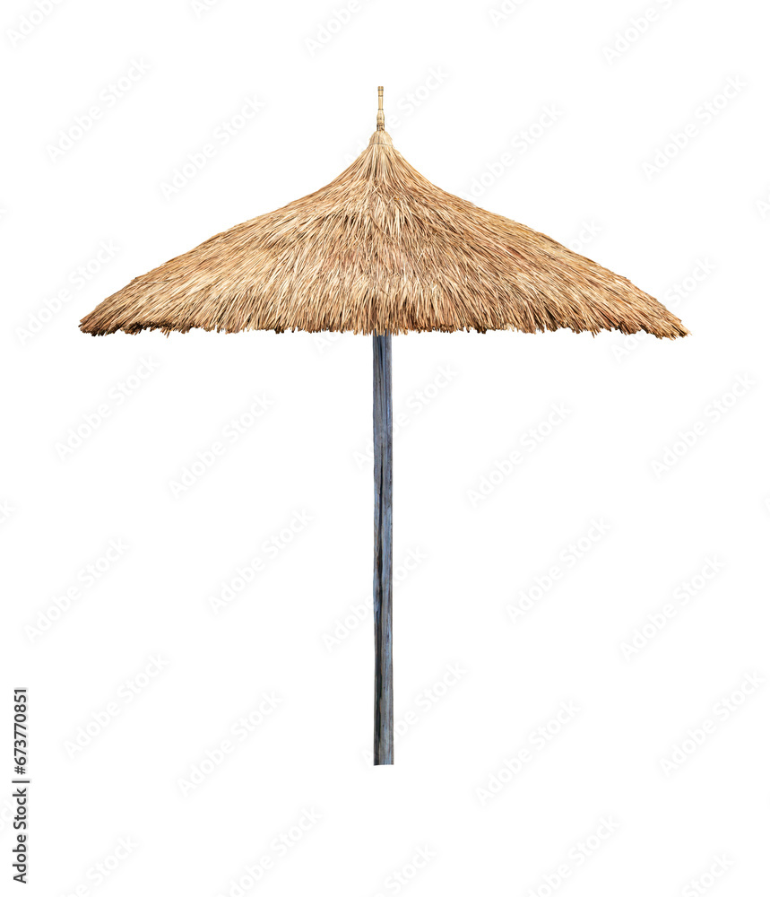 Single beach umbrella parasol made of coconut leaf isolated on white background for beach design concept - obrazy, fototapety, plakaty 
