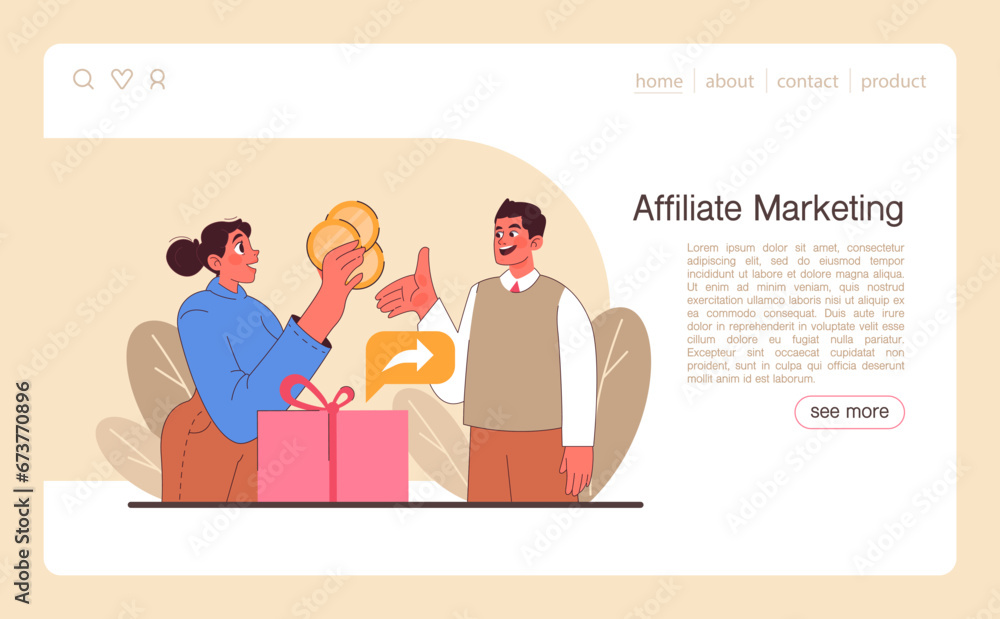Affiliate marketing web banner or landing page. Commercial program for client retention. Referral marketing and business partnership, referral program strategy. Flat vector illustration