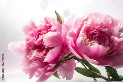Beautiful pink peony flowers flying on light background © Dennis