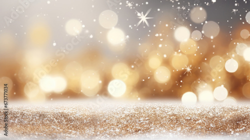 Festive abstract christmas texture, golden bokeh particles and highlights on blur background.