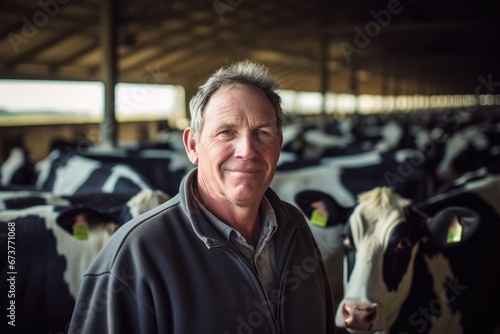 Farmer In Dairy Farm With Cows In The Background © Anastasiia