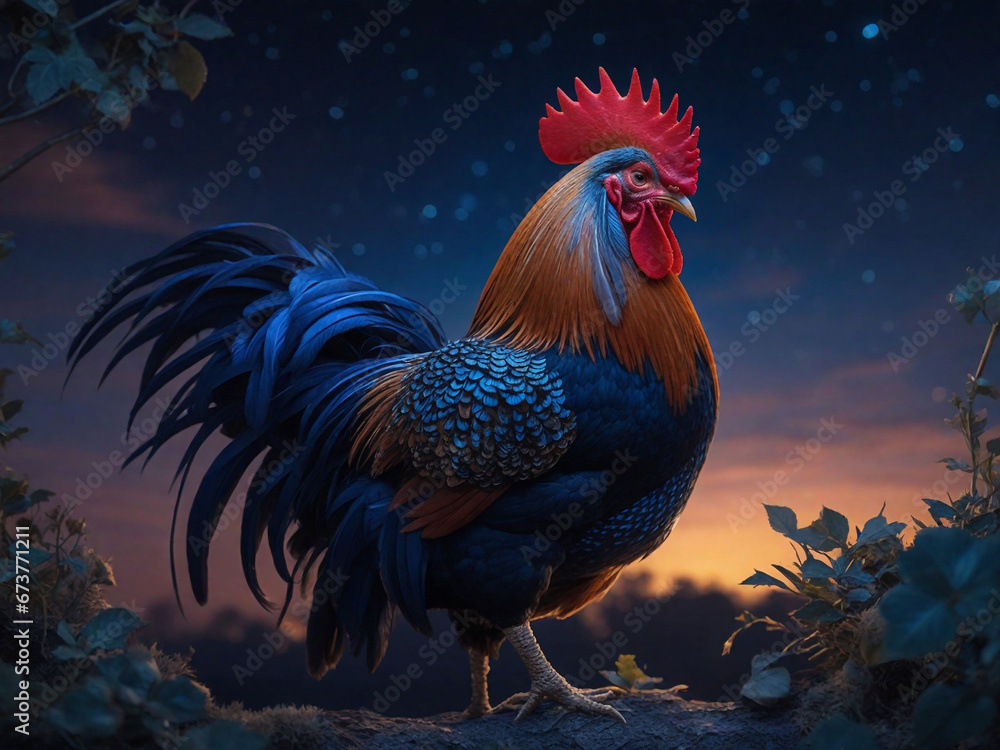 rooster in the field at night, cock