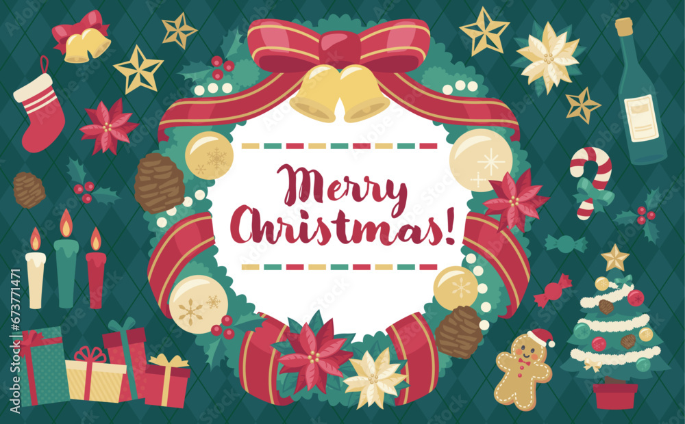 クリスマスリースのイラスト緑背景_横5