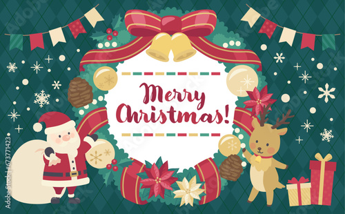 クリスマスリースのイラスト緑背景_横4