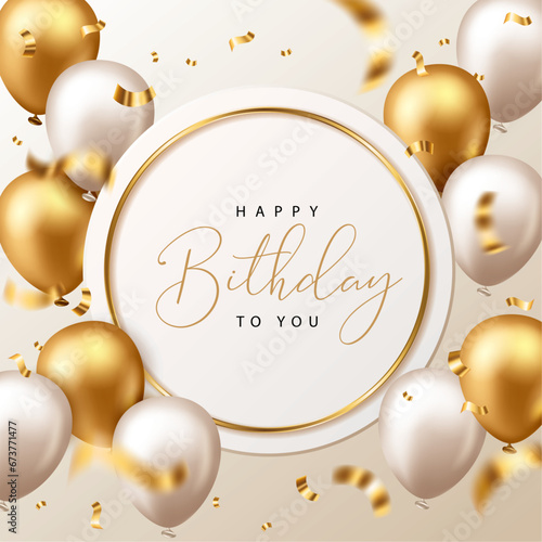 Happy Birthday banner with balloons and confetti on beige background. Vector illustration for banner, poster, flyer, greeting card and advertisement.