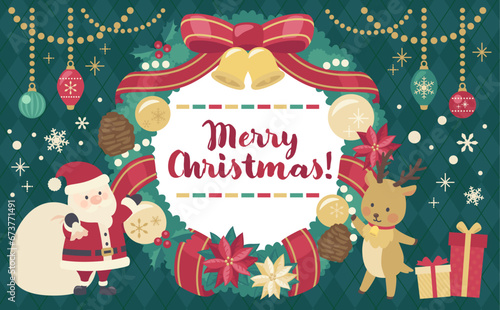 クリスマスリースのイラスト緑背景_横2
