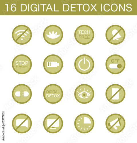 Digital detox icons set. Mindfulness, reducing screen time, and enjoying tech-free zones. Disconnected or turned off gadget symbol. Balanced life and mental health. Flat vector illustration