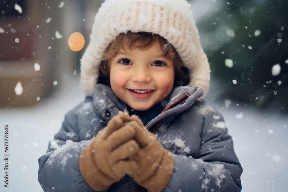 Little boy in warm winter coat, hat and gloves laughing and catching snowflakes Little boy in warm winter coat, hat and gloves laughing and catching snowflakes
