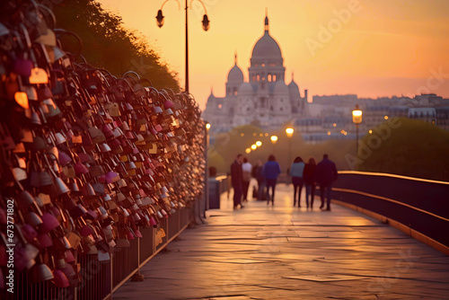 Day of Locks in France, photograph of the streets of Montmartre, where couples in love leave their locks and walk, Evening lighting © Kate Simon