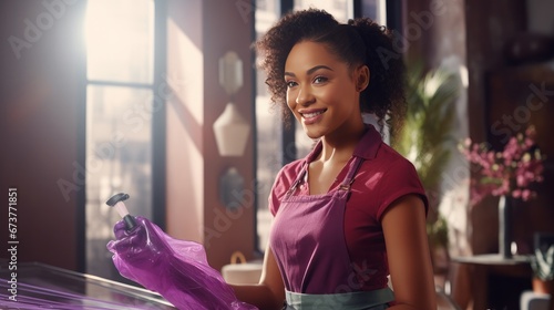 Beautiful African young woman is cleaning a luxury apartment, cleaning concept photo