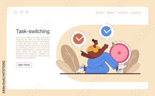 Digital multitasking web banner or landing page. Effective and competent office worker media consumption management. Business productivity optimization. Flat vector illustration