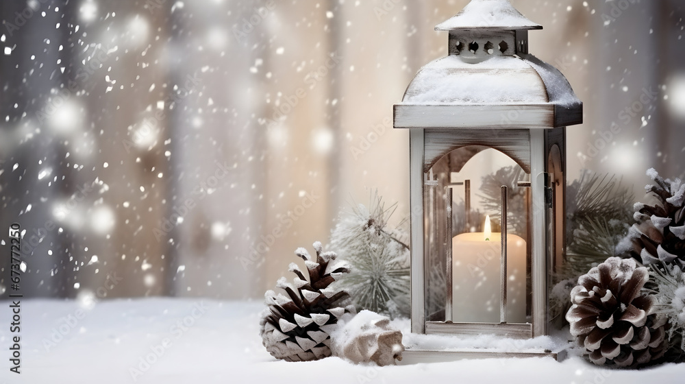 Lantern with burning candle, pine cones and silver balls on wooden board surface covered with snow, abstract background with snowflakes and sparkling light. Horizontal composition. Lantern with burning candle, pine cones and silver balls on wooden board surface covered with snow, abstract background with snowflakes and sparkling light. Horizontal composition.