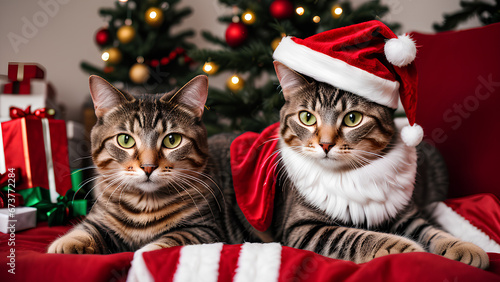 Cats and Christmas decorations, Santa hat, Generative ai