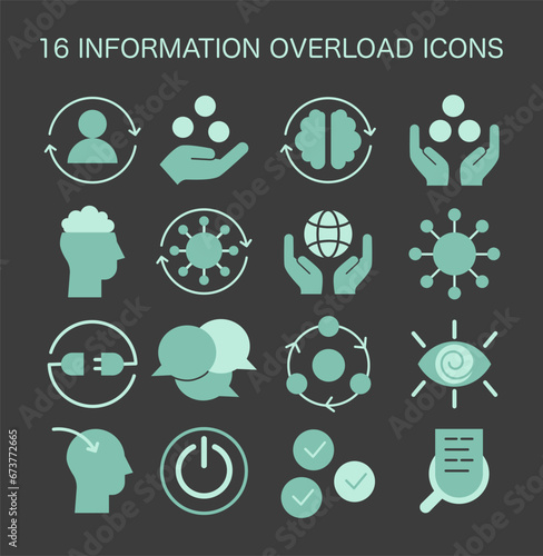 Information Overload Icons set. Graphic elements portraying brain fatigue, data management, and tech-induced stress. Navigating digital excess in modern life. Flat vector illustration