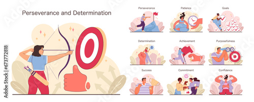 Perseverance and Determination set. Various characters embodying strength and focus. Achieving goals, cultivating patience, and building confidence. Flat vector illustration.