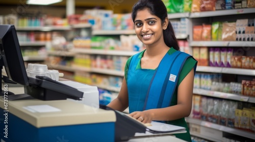 Happy Cashier Working at Supermarket Cash Register