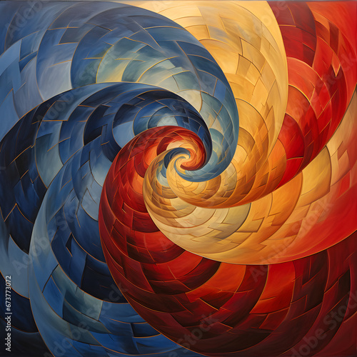 An Oil Painting of geometric swirls in red gold blue - Background Wallpaper Styles - Generated by AI