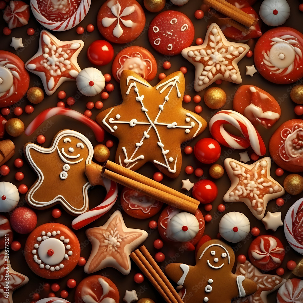 Abstract background with Christmas gingerbread pieces and cookies on brown background. Square composition.