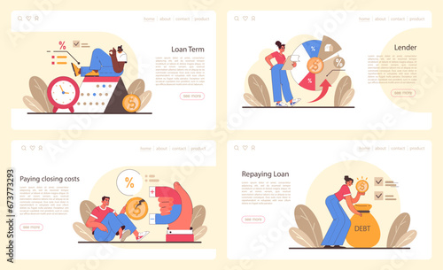 Refinance process web or landing set. Loan rate reduction to lender agreements. Debt obligation with better interest rate. Housing loan, real estate mortgage. Flat vector illustration