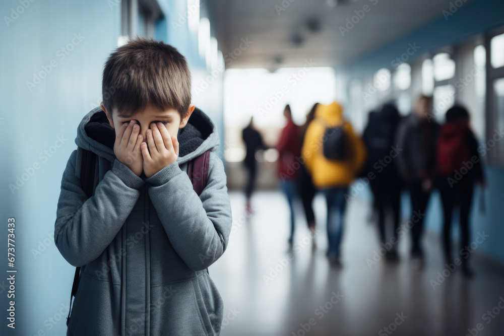 Fototapeta premium Upset boy covered his face with hands standing alone in school corridor. Learning difficulties, emotions, bullying in school