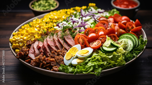Cobb salad with vegetables cheese beef corn and egg