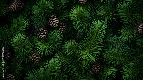 Fir branches and cones green needle abstract background Christmas texture. Horizontal composition.