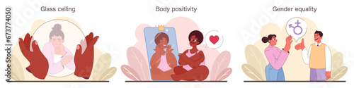 A confident woman showcases various scenes of empowerment, from gender equality to body positivity. Feminist symbols. Supportive narratives. Reproductive rights. Flat vector illustration.