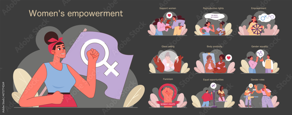 A confident woman showcases various scenes of empowerment, from gender ...