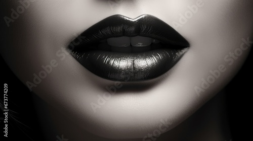 Close-up portrait of female lips. Black and white