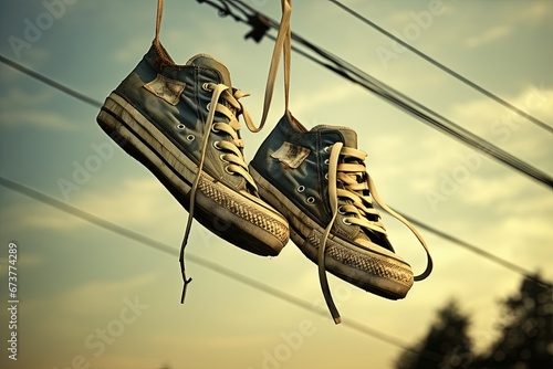 Pair of shoes that hanging on the telephone wire outdoors, focused view, daytime photo