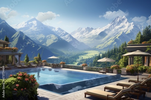 Pool at a luxury hotel with mountains at background at daytime