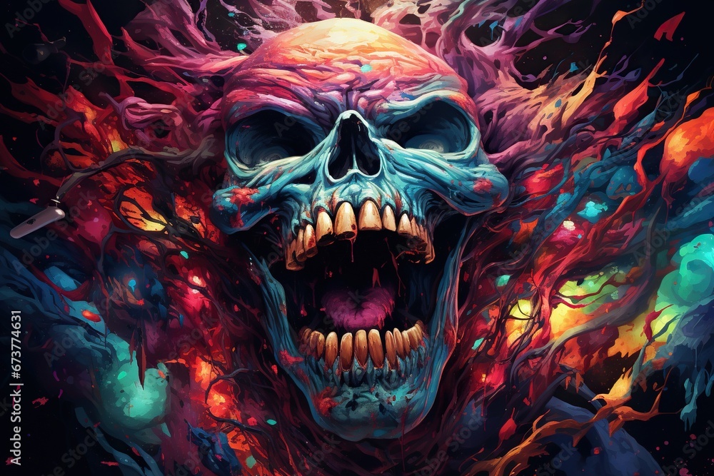 Abstract swirling art with vibrant colors depicting a sinister skull with a fiery mane in a fantasy style. Abstract swirling art with vibrant colors depicting a sinister skull with a fiery mane in a fantasy style.
